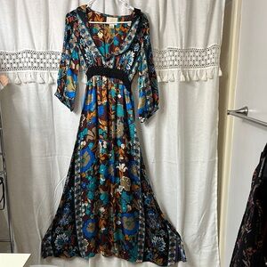 VAnita Teal, Brown & Blue Floral Boho Maxi Dress 100 % silk